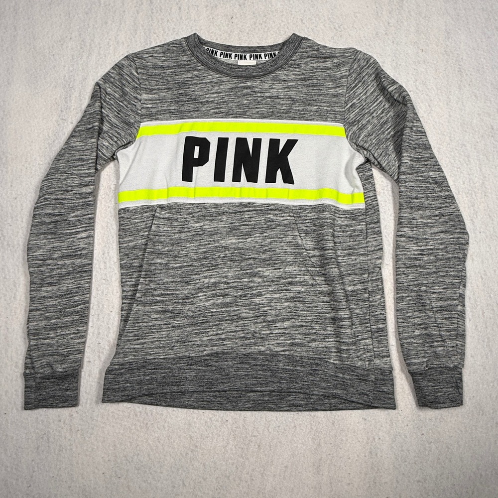 PINK Victoria's Secret Gray Space Dye Neon Stripe Logo Sweatshirt XS